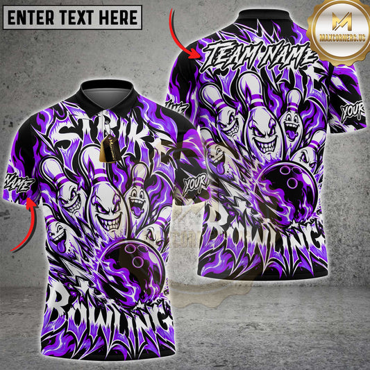 Maxcorners Bowling Polo Shirt Crazy Evil Expressive Face Pins Ball Strike Flaming Fire Graphic Text Multi Options Personalized Name, Team Name Unisex 3D Shirt (5 Colors)