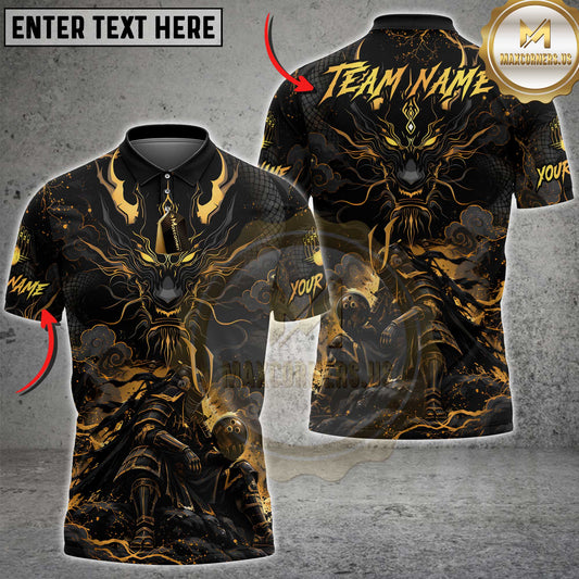Maxcorners Bowling Polo Shirt Samurai Warrior Armor Helmet Ball Dragon Face Head Mystical Smoke Clouds Multi Options Personalized Name, Team Name Unisex 3D Shirt (7 Colors)