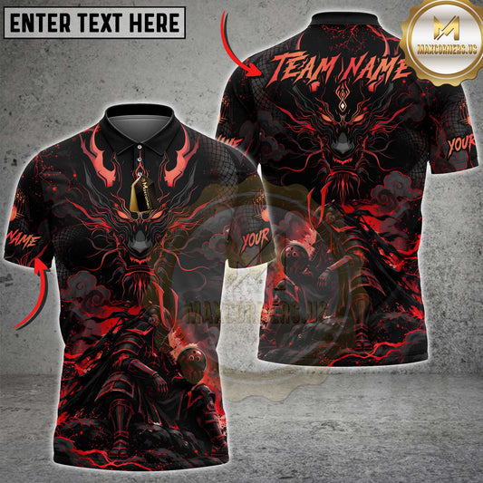 Maxcorners Bowling Polo Shirt Samurai Warrior Armor Helmet Ball Dragon Face Head Mystical Smoke Clouds Multi Options Personalized Name, Team Name Unisex 3D Shirt (7 Colors)