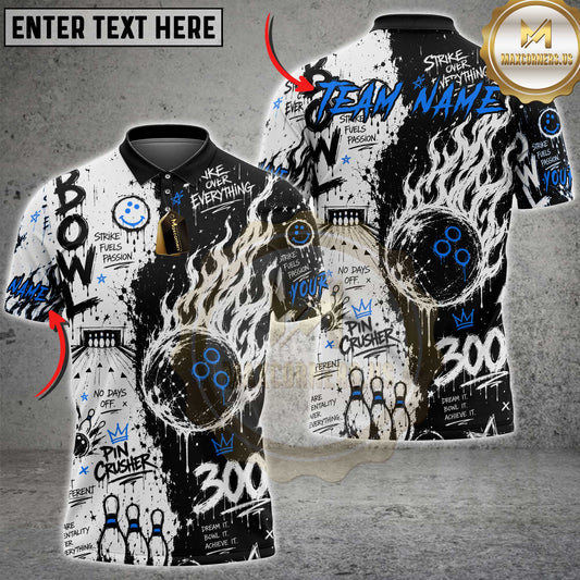 Maxcorners Bowling 300 Pin Crusher Graffiti Flame Graphic Personalized Name, Team Name Unisex 3D Shirt (5 Colors)
