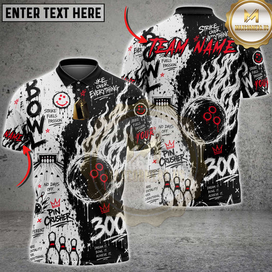 Maxcorners Bowling 300 Pin Crusher Graffiti Flame Graphic Personalized Name, Team Name Unisex 3D Shirt (5 Colors)