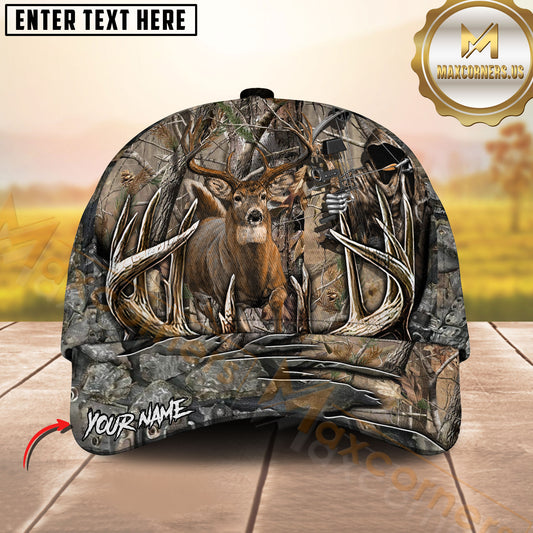 Maxcorners s Deer Hunting Antler Border Bow Hunter Camo Personalized Name 3D Cap (4 Colors)