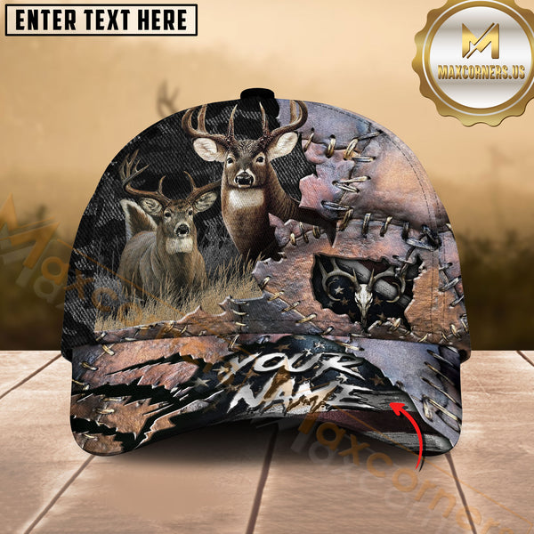Maxcorners Hunting Leather Patch Ripped Style 3D Personalized Name 3D Cap (Deer/Moose/Boar/Bear)