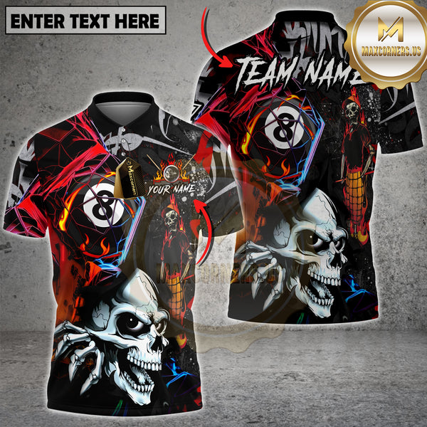 Maxcorners Billiard Shirt Skull Fire 8 Ball Neon Street Art Style Multi Options Personalized Name, Team Name 3D Shirt