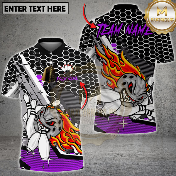 Maxcorners Bowling Shirt Flaming Bowling Ball Honeycomb Pattern Red Black Design Multi Options Personalized Name, Team Name 3D Shirt