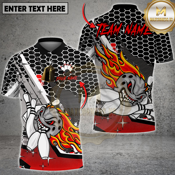 Maxcorners Bowling Shirt Flaming Bowling Ball Honeycomb Pattern Red Black Design Multi Options Personalized Name, Team Name 3D Shirt