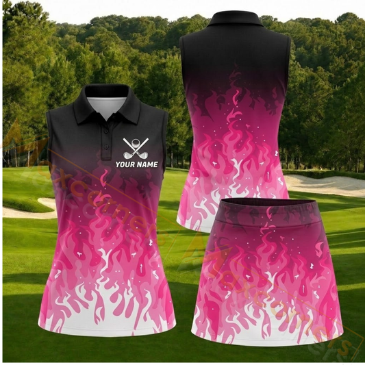 Maxcorners Black Pink Flame Personalized Name 3D Golf Shirt and Golf Skirt