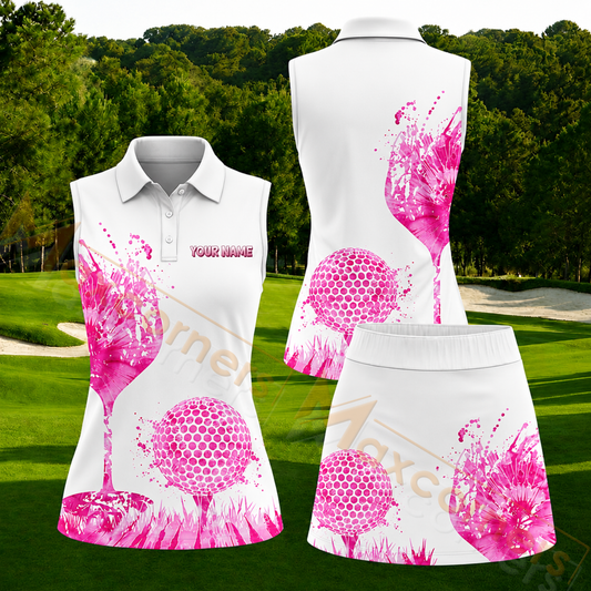 Maxcorners Pink Floral Golf Ball Personalized Name 3D Golf Shirt and Golf Skirt