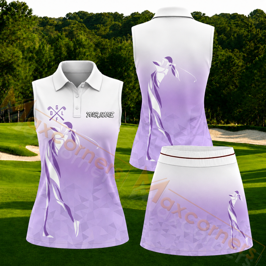 Maxcorners Lavender Gradient Golf Lady Silhouette Personalized Name 3D Golf Shirt and Golf Skirt