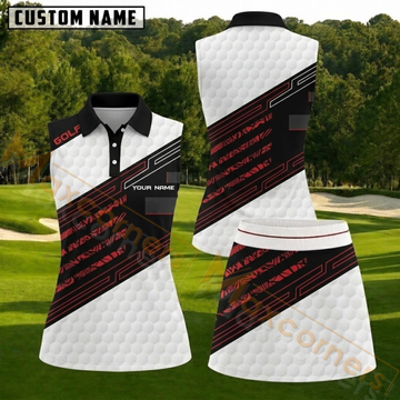 Maxcorners White Black Red Geometric Personalized Name 3D Golf Shirt and Golf Skirt