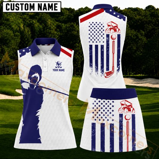 Maxcorners Patriotic American Flag Golf Cart Personalized Name 3D Golf Shirt and Golf Skirt