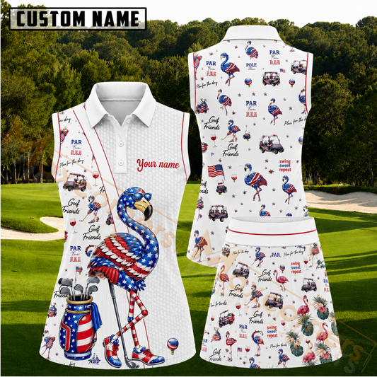 Maxcorners Red White and Blue American Flag Flamingo Golf Personalized Name 3D Golf Shirt and Skirt