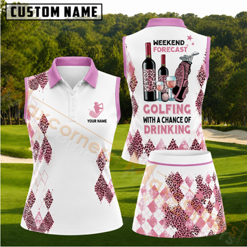 Maxcorners Pink Leopard Argyle Golf and Wine Weekend Forecast Personalized Name 3D Golf Shirt and Skirt