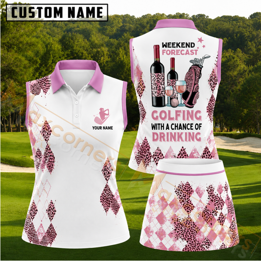 Maxcorners Pink Leopard Argyle Golf and Wine Weekend Forecast Personalized Name 3D Golf Shirt and Skirt