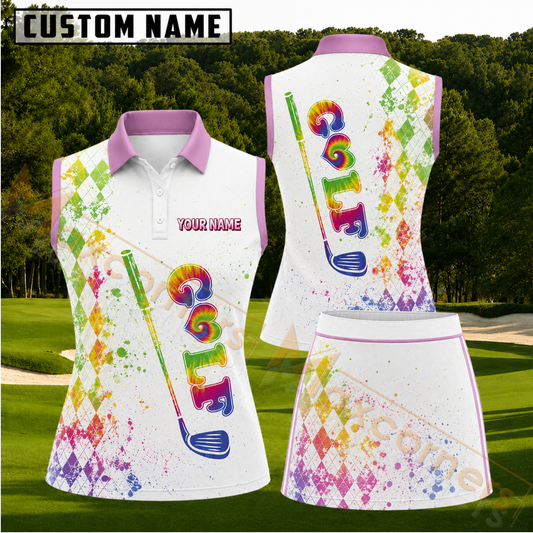 Maxcorners Multicolor Tie-Dye Golf Club Argyle Personalized Name 3D Golf Shirt and Skirt