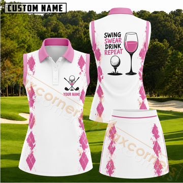 Maxcorners Pink Argyle Golf and Wine Personalized Name 3D Golf Shirt and Skirt