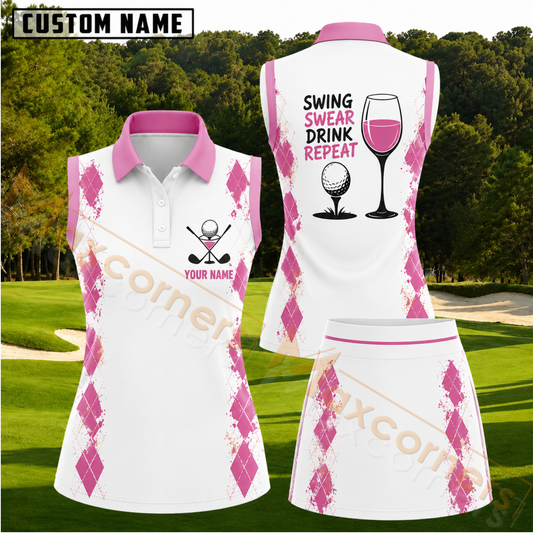 Maxcorners Pink Argyle Golf and Wine Personalized Name 3D Golf Shirt and Skirt
