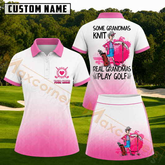 Maxcorners Pink Gradient Real Grandmas Play Golf Personalized Name 3D Golf Shirt and Skirt