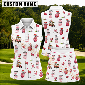 Maxcorners Red and Pink Christmas Girl Who Loves Golf Pattern 3D Golf Shirt and Skirt (No Personalized Name)
