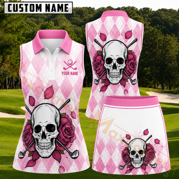 Maxcorners Pink Skull Rose and Crossed Golf Clubs Personalized Name 3D Golf Shirt and Skirt