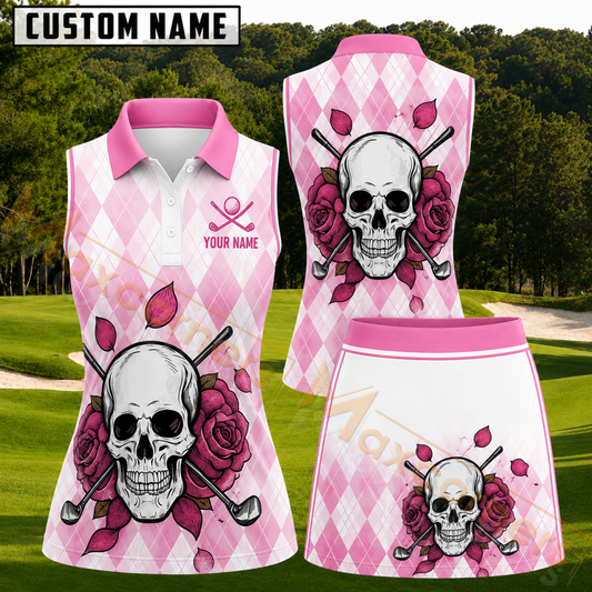Maxcorners Pink Skull Rose and Crossed Golf Clubs Personalized Name 3D Golf Shirt and Skirt