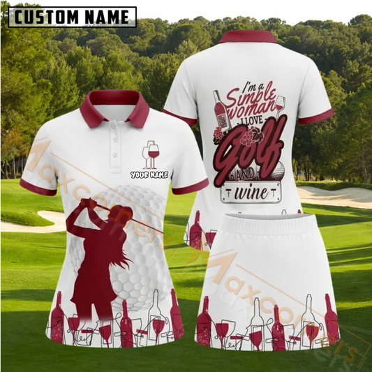 Maxcorners Simple Woman Love Golf And Wine Personalized Name 3D Golf Shirt and Skirt