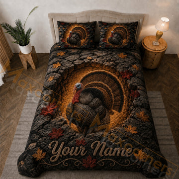 Maxcorners Black Brown Gray Turkey Autumn Leaves Rocky Cave Bedding Set 3D Print Custom Name
