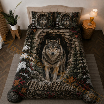 Maxcorners White Brown Green Wolf Snowy Forest Cave Bedding Set 3D Print Custom Name