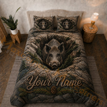 Maxcorners Rustic Brown Green Boar Forest Bedding Set 3D Print Custom Name