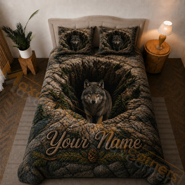 Maxcorners Rustic Brown Green Wolf Forest Bedding Set 3D Print Custom Name