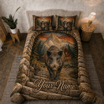 Maxcorners Rustic Brown Wild Boar Mountain Forest Cabin Bedding Set 3D Print Custom Name