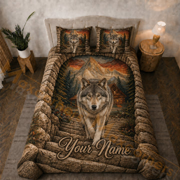Maxcorners Rustic Brown Wild Wolf Mountain Forest Cabin Bedding Set 3D Print Custom Name