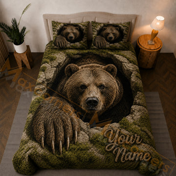 Maxcorners Olive Green Brown Grizzly Bear Rocky Cave Bedding Set 3D Print Custom Name