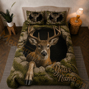 Maxcorners Olive Green Brown Whitetail Deer Rocky Cave Bedding Set 3D Print Custom Name