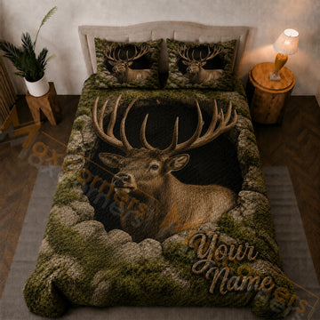 Maxcorners Olive Green Brown Elk Rocky Cave Bedding Set 3D Print Custom Name