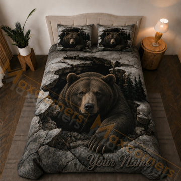 Maxcorners Gray Brown Grizzly Bear Rocky Forest Cave Bedding Set 3D Print Custom Name