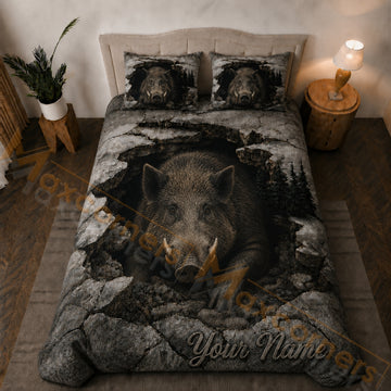 Maxcorners Gray Brown Wild Boar Rocky Cave Bedding Set 3D Print Custom Name