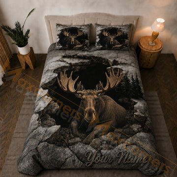 Maxcorners Gray Brown Moose Rocky Forest Cave Bedding Set 3D Print Custom Name