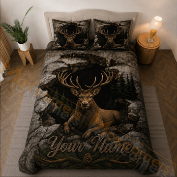 Maxcorners Gray Brown Elk Rocky Forest Cave Bedding Set 3D Print Custom Name