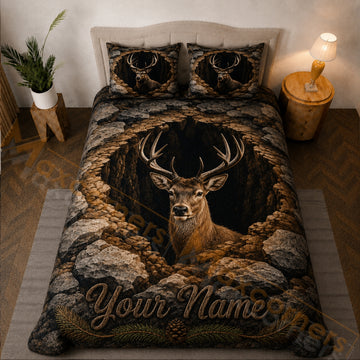 Maxcorners Dark Brown Whitetail Deer Rocky Cave Bedding Set 3D Print Custom Name