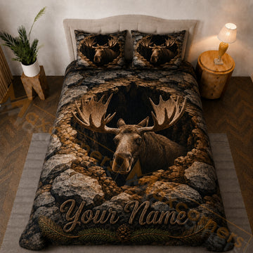 Maxcorners Dark Brown Moose Rocky Cave Bedding Set 3D Print Custom Name