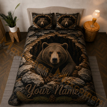 Maxcorners Dark Brown Grizzly Bear Rocky Cave Bedding Set 3D Print Custom Name