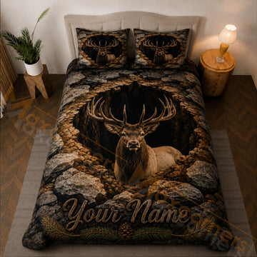 Maxcorners Dark Brown Elk Rocky Cave Bedding Set 3D Print Custom Name