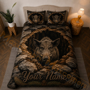 Maxcorners Dark Brown Wild Boar Rocky Cave Bedding Set 3D Print Custom Name