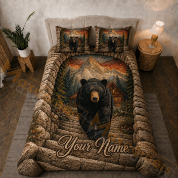 Maxcorners Rustic Brown Black Bear Mountain Forest Bedding Set 3D Print Custom Name