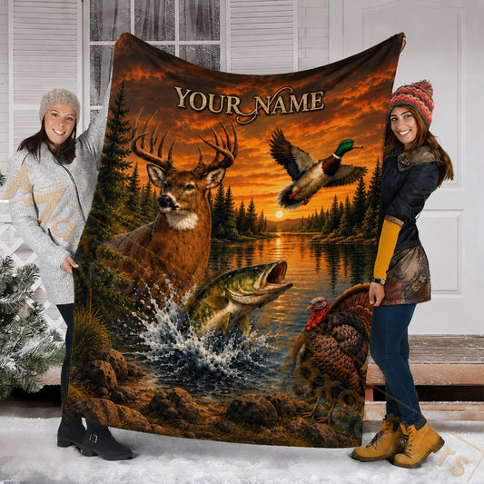 Maxcorners Hunting WildLife Sunset Orange Sky Custom Name 3D Blanket