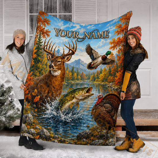 Maxcorners Hunting WildLife Autumn Fall Forest Lake Custom Name 3D Blanket