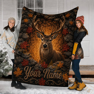 Maxcorners Hunting Deer In Cave Red Maple Leaves Brown Custom Name 3D Blanket