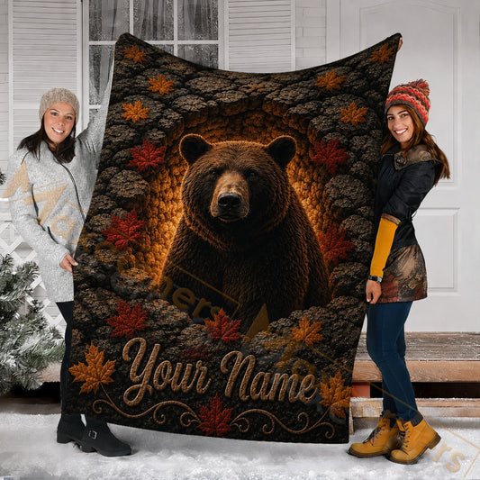 Maxcorners Hunting Bear In Cave Red Maple Leaves Brown Custom Name 3D Blanket