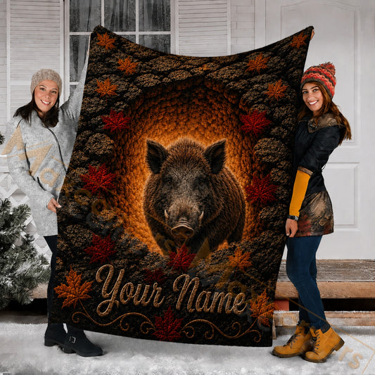 Maxcorners Hunting Boar In Cave Red Maple Leaves Brown Custom Name 3D Blanket
